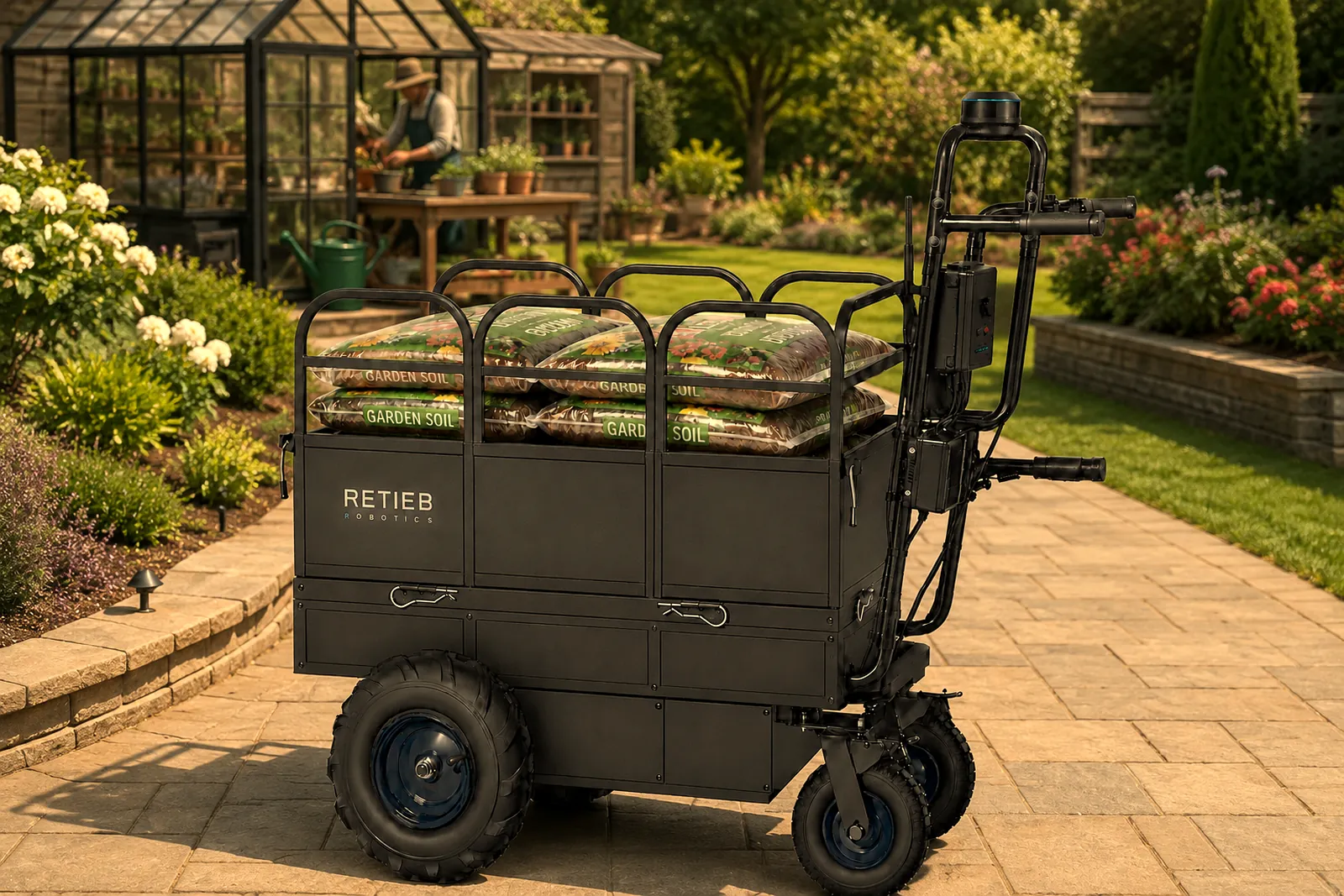 Concept visualisation of the ERDEN Utility platform — an electric utility cart carrying garden soil along a stone walkway